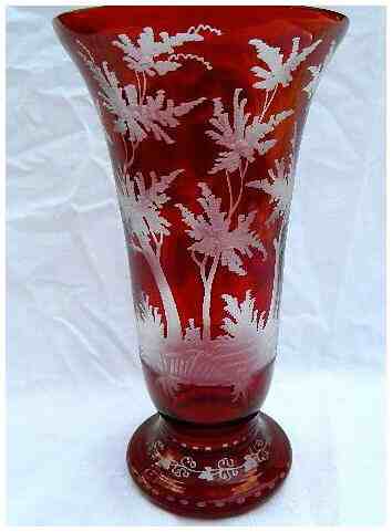 Art Nouveau Deco Bohemian Ruby Red Clear Etched Buck Deer Forest Vase 